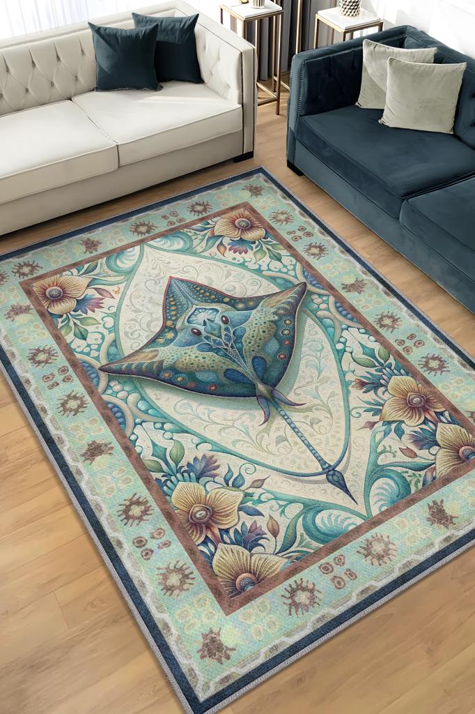 Nuh'un Gemisi Koleksiyonu Vatoz Balığı Çiçek Temalı Vintage Renkli Maksimalist Halı