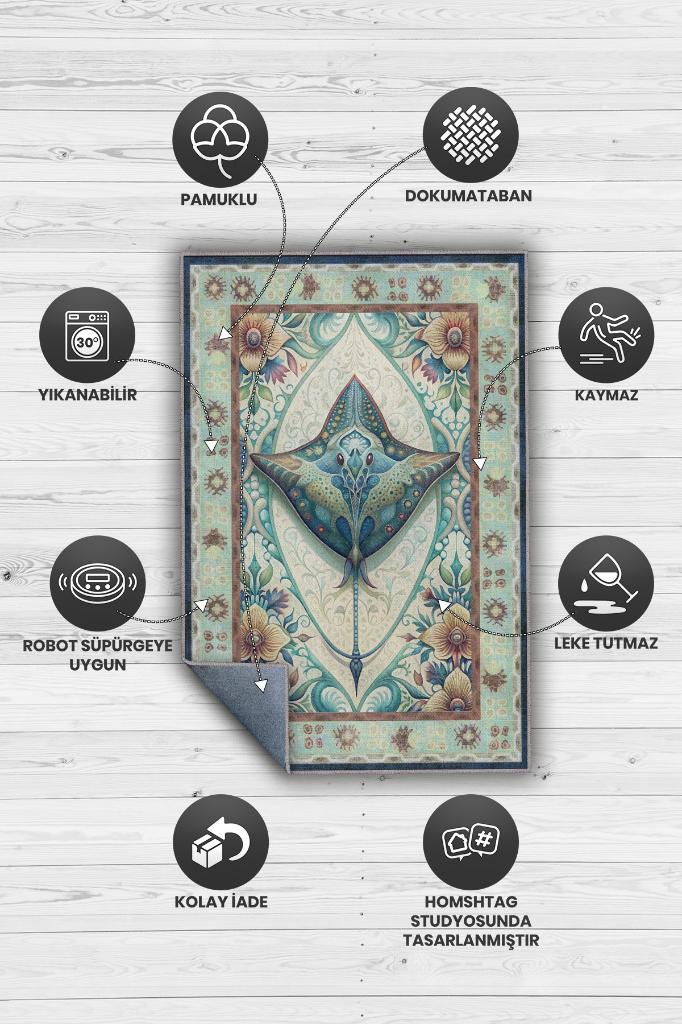 Nuh'un Gemisi Koleksiyonu Vatoz Balığı Çiçek Temalı Vintage Renkli Maksimalist Halı