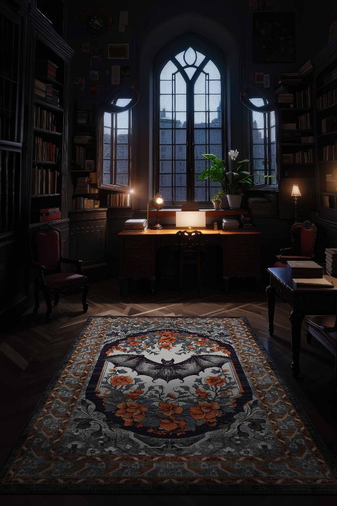 Nuh'un Gemisi Koleksiyonu Yarasa Çiçek Desenli Temalı Vintage Renkli Maksimalist Halı