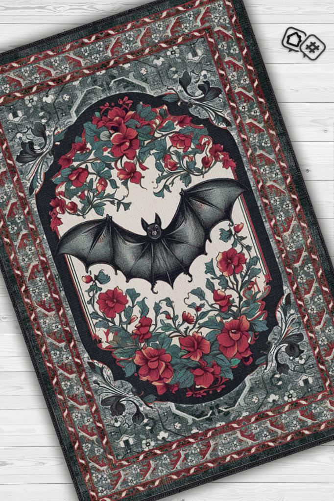 Nuh'un Gemisi Koleksiyonu Yarasa Temalı Çiçekli Bordo Siyah Renkli Bordürlü Konsept Halı