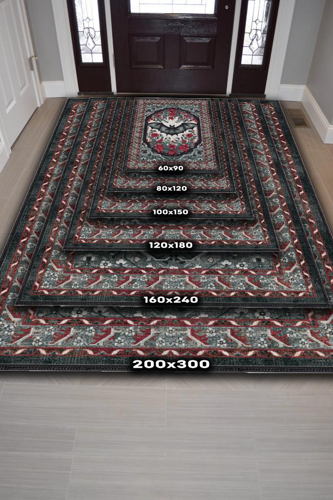 Nuh'un Gemisi Koleksiyonu Yarasa Temalı Çiçekli Bordo Siyah Renkli Bordürlü Konsept Halı