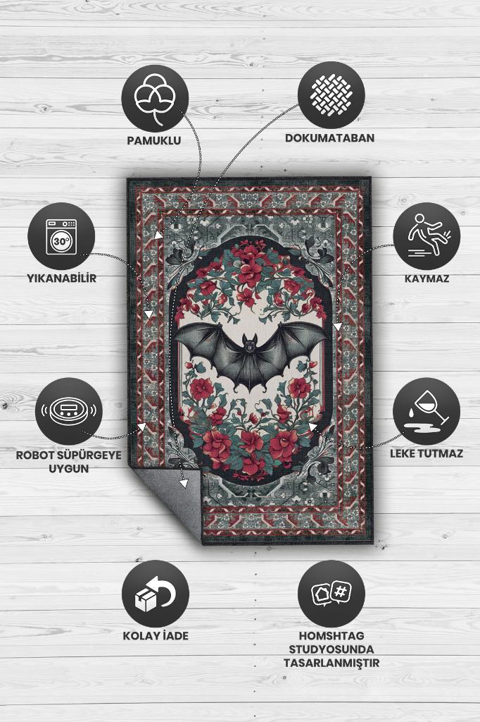 Nuh'un Gemisi Koleksiyonu Yarasa Temalı Çiçekli Bordo Siyah Renkli Bordürlü Konsept Halı