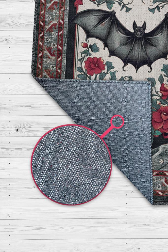 Nuh'un Gemisi Koleksiyonu Yarasa Temalı Çiçekli Bordo Siyah Renkli Bordürlü Konsept Halı