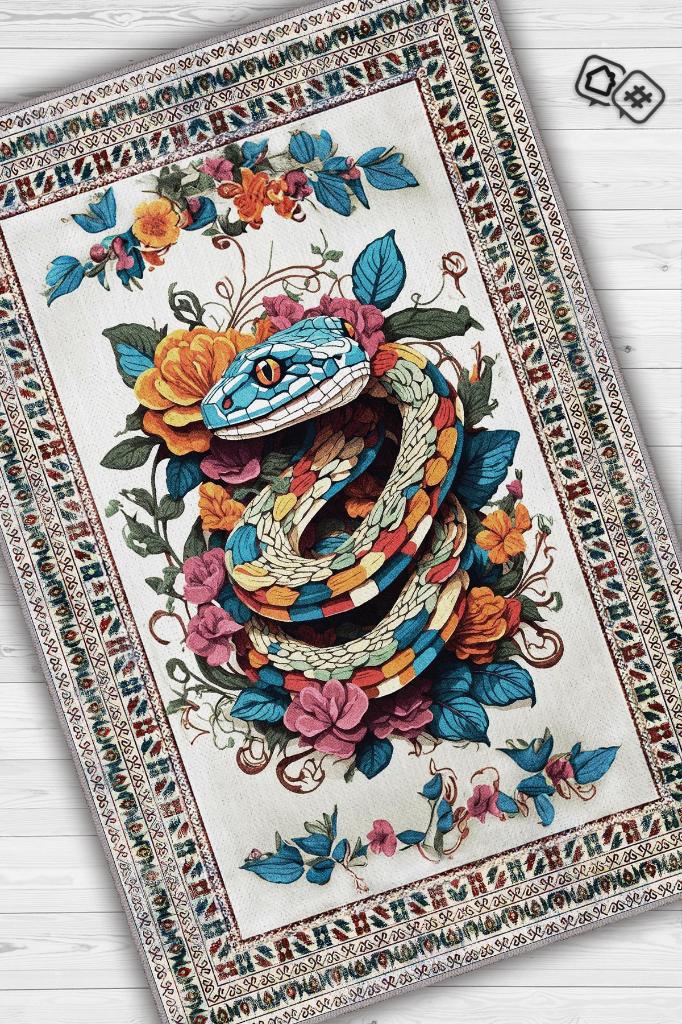 Nuh'un Gemisi Koleksiyonu Yılan , Çiçek Desenli Art Deco Tarzı Vintage Halı,Çok Renkli Maksimalist Halı