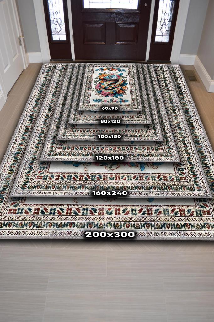 Nuh'un Gemisi Koleksiyonu Yılan , Çiçek Desenli Art Deco Tarzı Vintage Halı,Çok Renkli Maksimalist Halı