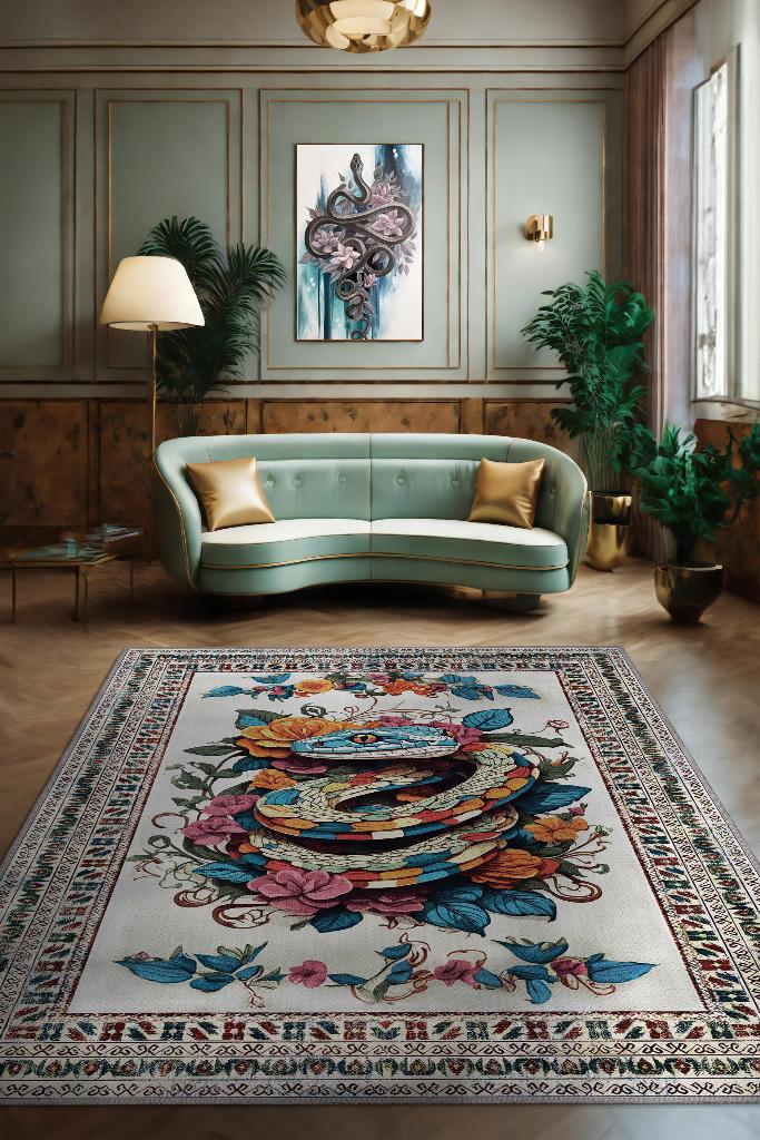 Nuh'un Gemisi Koleksiyonu Yılan , Çiçek Desenli Art Deco Tarzı Vintage Halı,Çok Renkli Maksimalist Halı