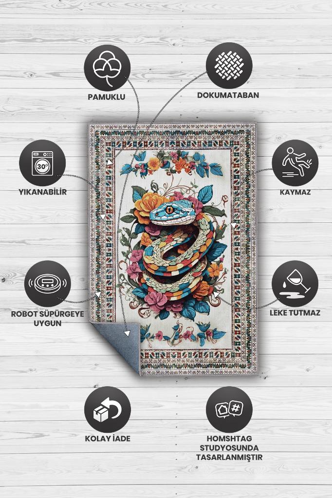 Nuh'un Gemisi Koleksiyonu Yılan , Çiçek Desenli Art Deco Tarzı Vintage Halı,Çok Renkli Maksimalist Halı
