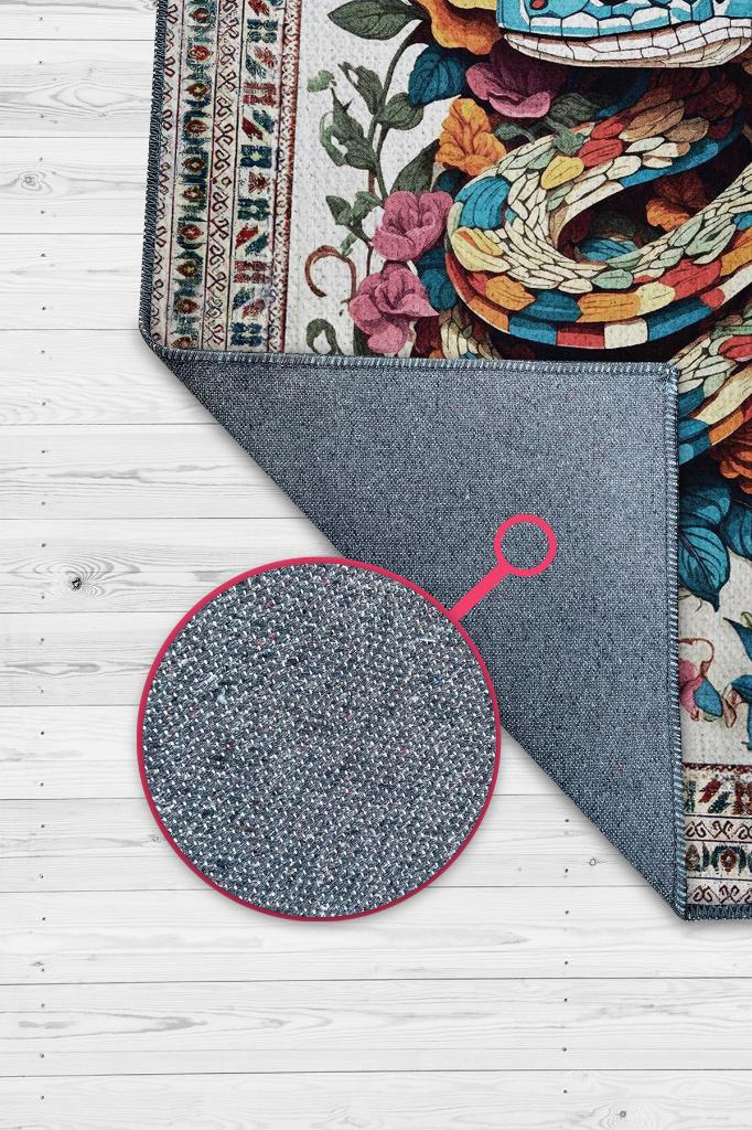 Nuh'un Gemisi Koleksiyonu Yılan , Çiçek Desenli Art Deco Tarzı Vintage Halı,Çok Renkli Maksimalist Halı