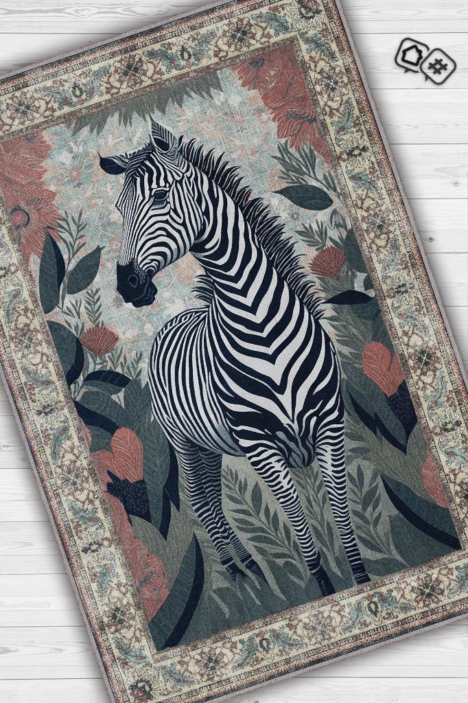 Nuh'un Gemisi Koleksiyonu Zebra, Çiçek Desenli Art Deco Tarzı Vintage Halı,Çok Renkli Maksimalist Halı