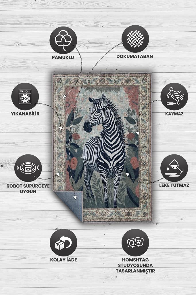 Nuh'un Gemisi Koleksiyonu Zebra, Çiçek Desenli Art Deco Tarzı Vintage Halı,Çok Renkli Maksimalist Halı