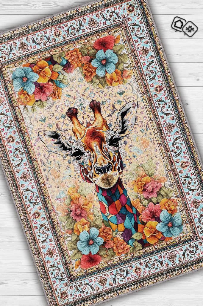Nuh'un Gemisi Koleksiyonu Zürafa, Çiçek Desenli Art Deco Tarzı Vintage Halı,Çok Renkli Maksimalist Halı