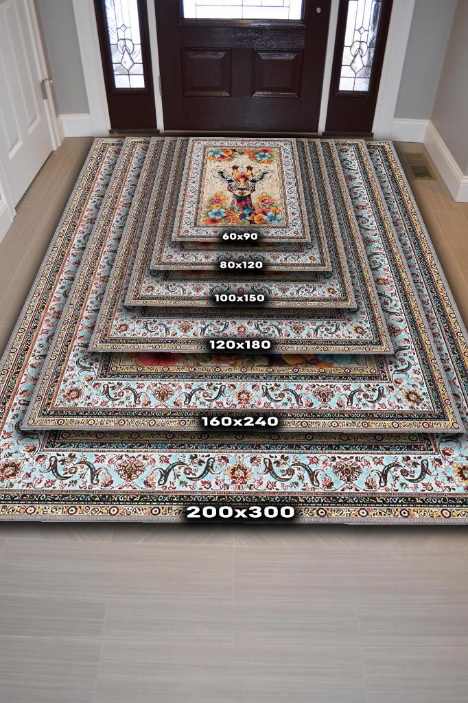 Nuh'un Gemisi Koleksiyonu Zürafa, Çiçek Desenli Art Deco Tarzı Vintage Halı,Çok Renkli Maksimalist Halı
