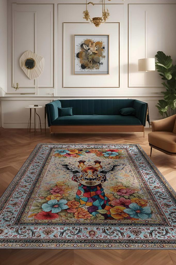 Nuh'un Gemisi Koleksiyonu Zürafa, Çiçek Desenli Art Deco Tarzı Vintage Halı,Çok Renkli Maksimalist Halı