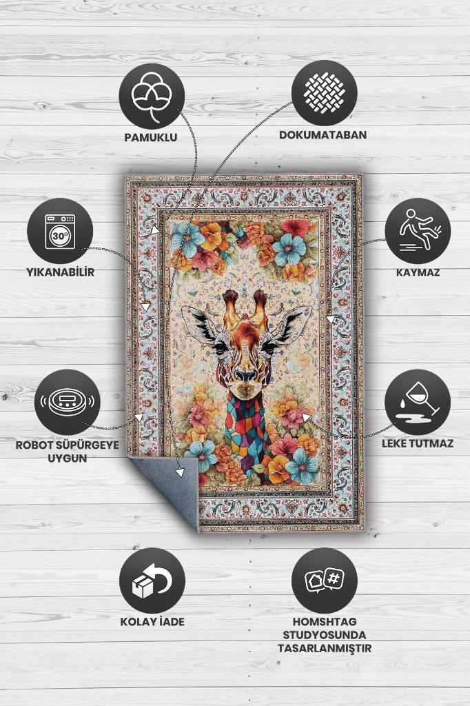 Nuh'un Gemisi Koleksiyonu Zürafa, Çiçek Desenli Art Deco Tarzı Vintage Halı,Çok Renkli Maksimalist Halı
