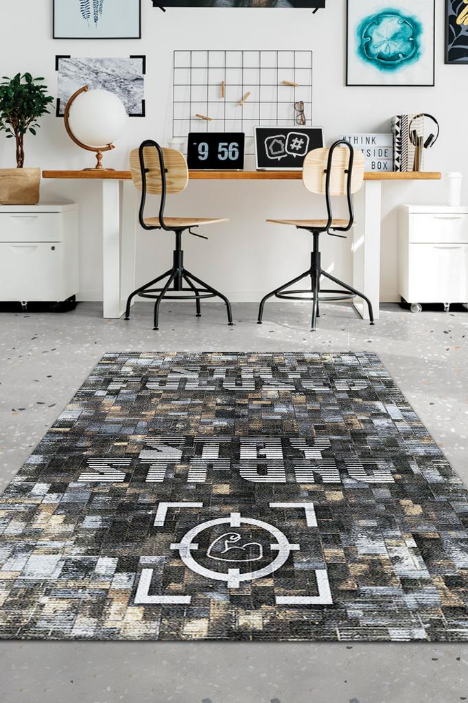 Odaklan Ve Güçlen Koyu Renkli Halı Modern Kareli Özel Tasarım Ofis Halısı Dijital Geometrik Home Office Halı