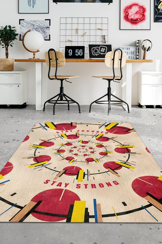 Odaklı Kal, Sarı Kırmızı Geometrik Desenli Modern Çalışma Odası Halısı, Minimalist Genç Odası Halısı, Pamuklu Dokuma Tabanlı Yıkanabilir Dekoratif Halı, Renkli Modern Ofis Halısı