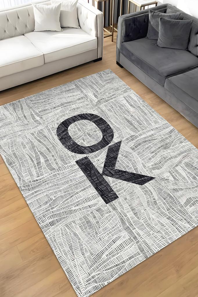 Ok Gri Renkli Halı Geometrik Oturma Odası Halısı Minimal Salon Halı Çizgili Yazılı Halı