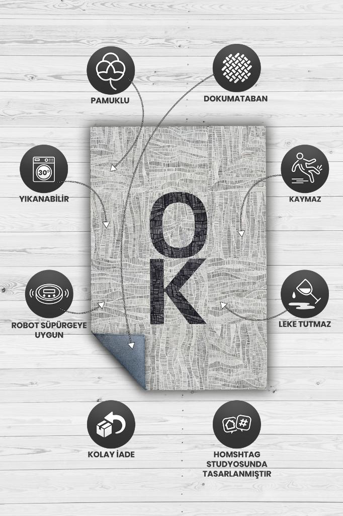 Ok Gri Renkli Halı Geometrik Oturma Odası Halısı Minimal Salon Halı Çizgili Yazılı Halı