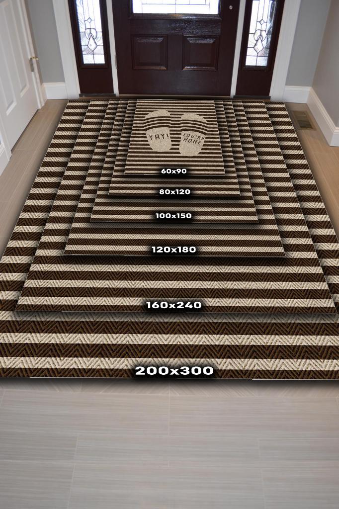 Oley Evdeyim Kahverengi Halı Dekoratif Salon Halısı Çizgili Krem Renkli Mutfak Halısı