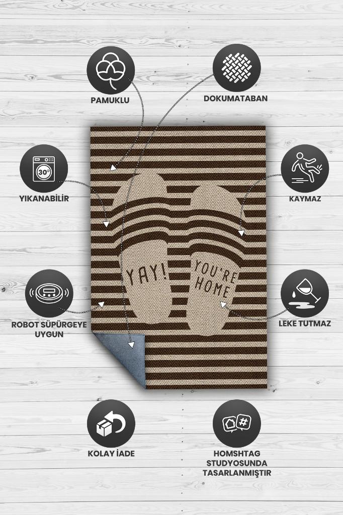 Oley Evdeyim Kahverengi Halı Dekoratif Salon Halısı Çizgili Krem Renkli Mutfak Halısı