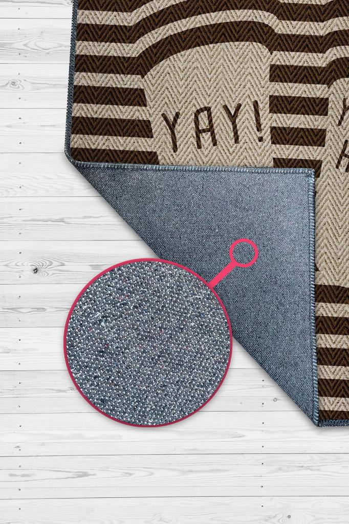 Oley Evdeyim Kahverengi Halı Dekoratif Salon Halısı Çizgili Krem Renkli Mutfak Halısı