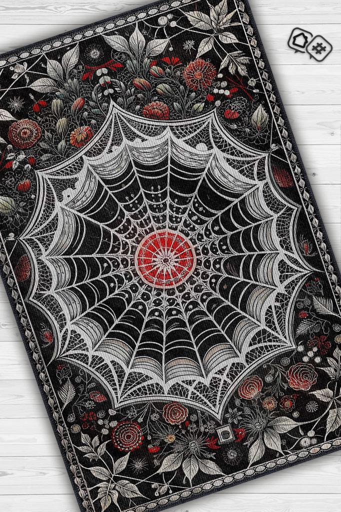 Örümcek Ağı Temalı Gotik Halı Siyah Renkli Oturma Odası Halısı Hediyelik Örümcek Ağı Halısı