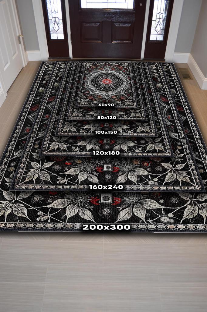 Örümcek Ağı Temalı Gotik Halı Siyah Renkli Oturma Odası Halısı Hediyelik Örümcek Ağı Halısı