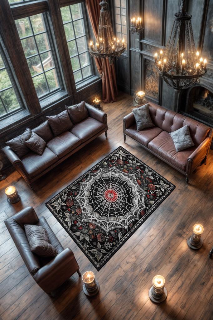 Örümcek Ağı Temalı Gotik Halı Siyah Renkli Oturma Odası Halısı Hediyelik Örümcek Ağı Halısı