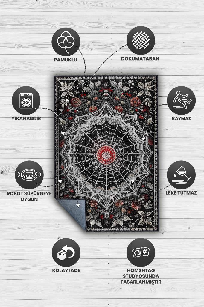 Örümcek Ağı Temalı Gotik Halı Siyah Renkli Oturma Odası Halısı Hediyelik Örümcek Ağı Halısı