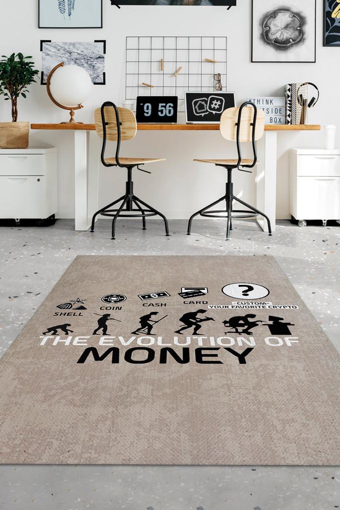 Paranın Evrimi İsimli Kişiye Özel Kişiselleştirilebilir Dokuma Tabanlı Yıkanabilir Trader Halısı