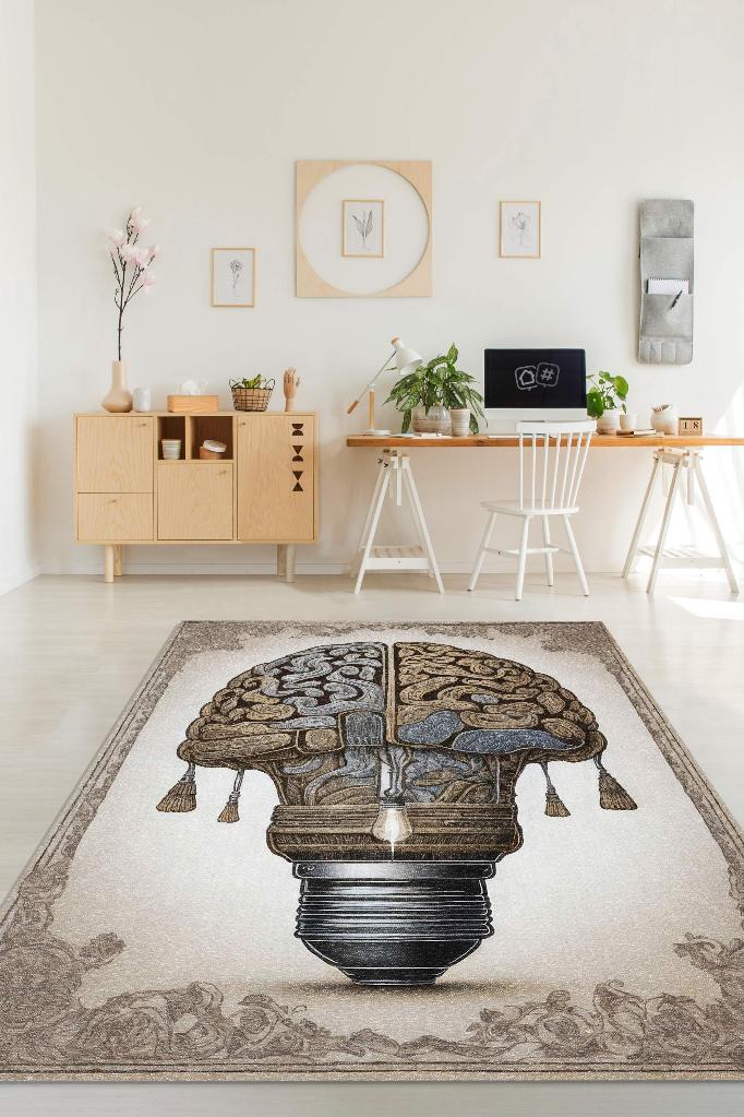 Parlak Fikir Barok Tarzı Krem Renkli Orjinal Dekoratif Modern HomeOffice Halısı,Ofis Dekorasyonu