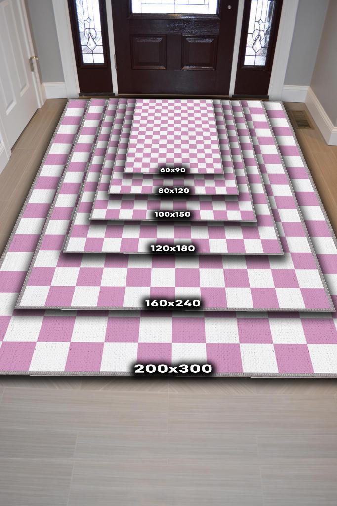 Pembe Beyaz Damalı Halı Mutfak Halısı Kareli Oturma Odası Halısı Retro Tarzı Salon Halısı