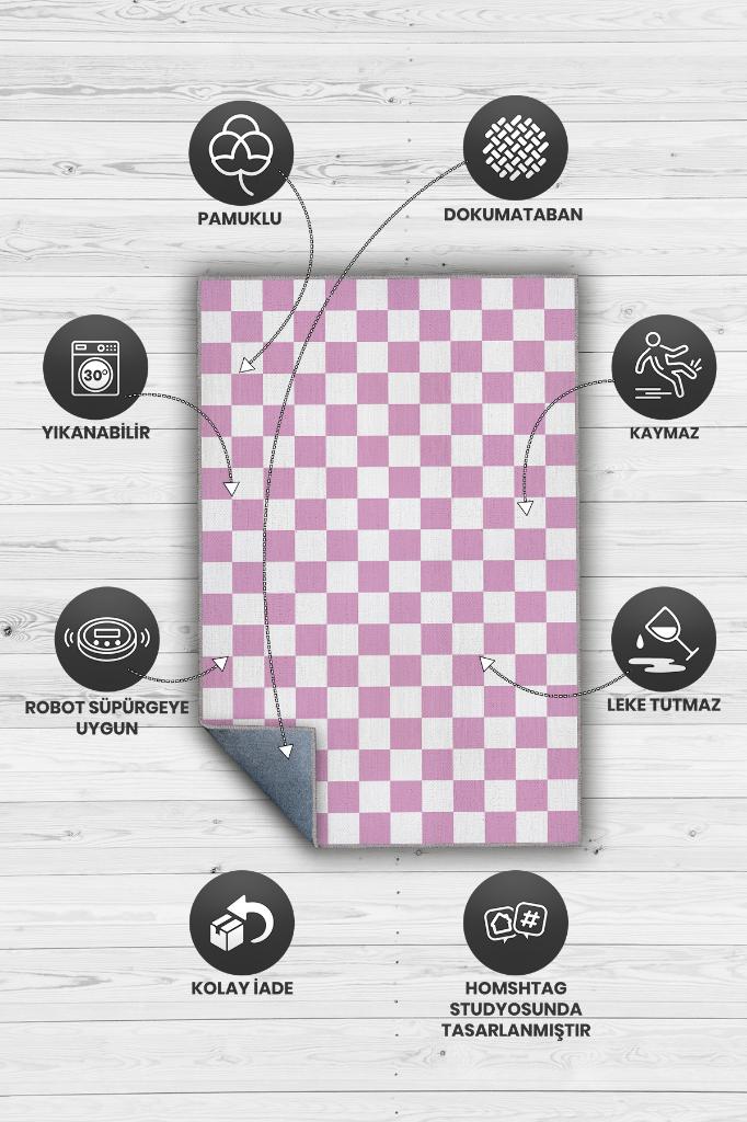 Pembe Beyaz Damalı Halı Mutfak Halısı Kareli Oturma Odası Halısı Retro Tarzı Salon Halısı