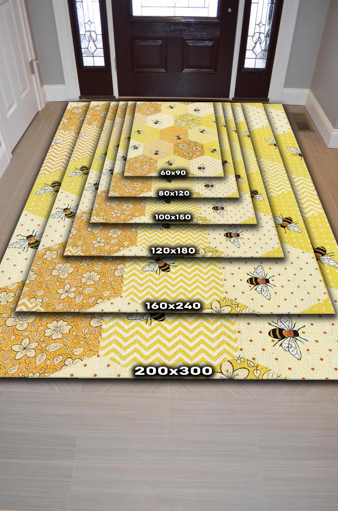 Homshtag Petek Tonları Dokuma Tabanlı Yıkanabilir Sarı Renk Halı Hayvan Baskılı Renkli Mutfak Halısı