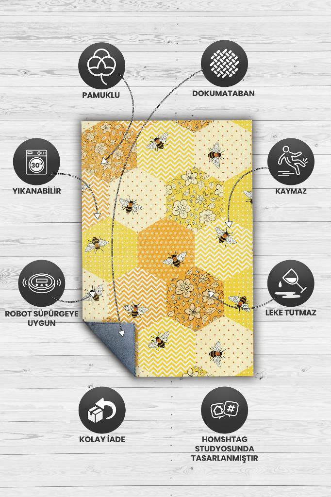 Homshtag Petek Tonları Dokuma Tabanlı Yıkanabilir Sarı Renk Halı Hayvan Baskılı Renkli Mutfak Halısı