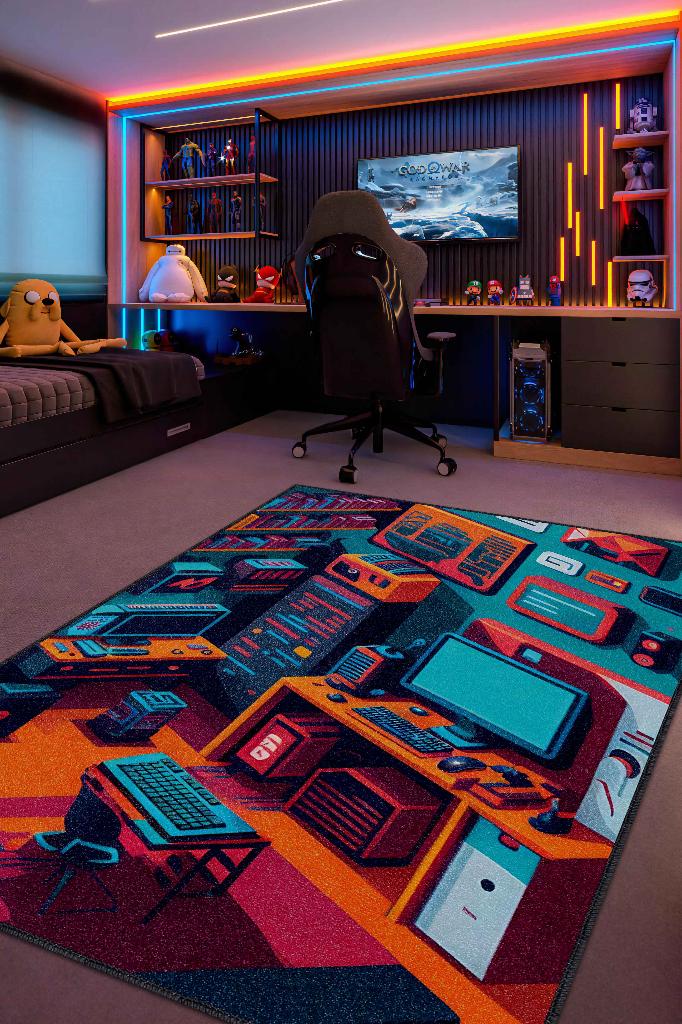 Renkli Gamer Odası Halısı,Pastel Tonlu Canlı Renkli Genç Odası Halısı,Oyuncu Odası Halısı,Modern Gamer Halısı