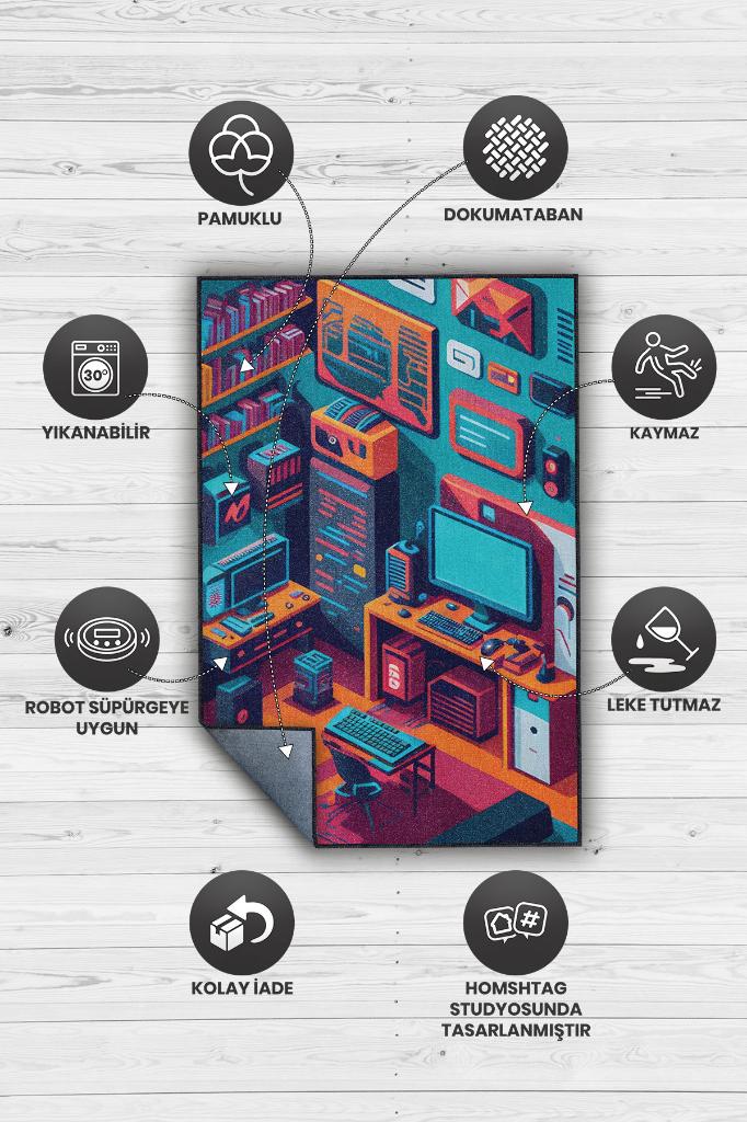 Renkli Gamer Odası Halısı,Pastel Tonlu Canlı Renkli Genç Odası Halısı,Oyuncu Odası Halısı,Modern Gamer Halısı