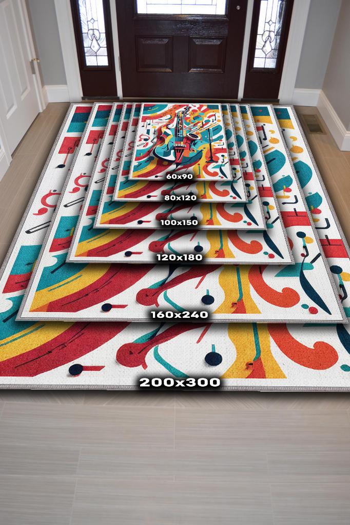 Renkli Gitar Halısı,Pop Art Müzik Halısı,Müzik Evi Halısı Tarz Genç Odası Halısı,Gitarist,Müzik Sever Halısı