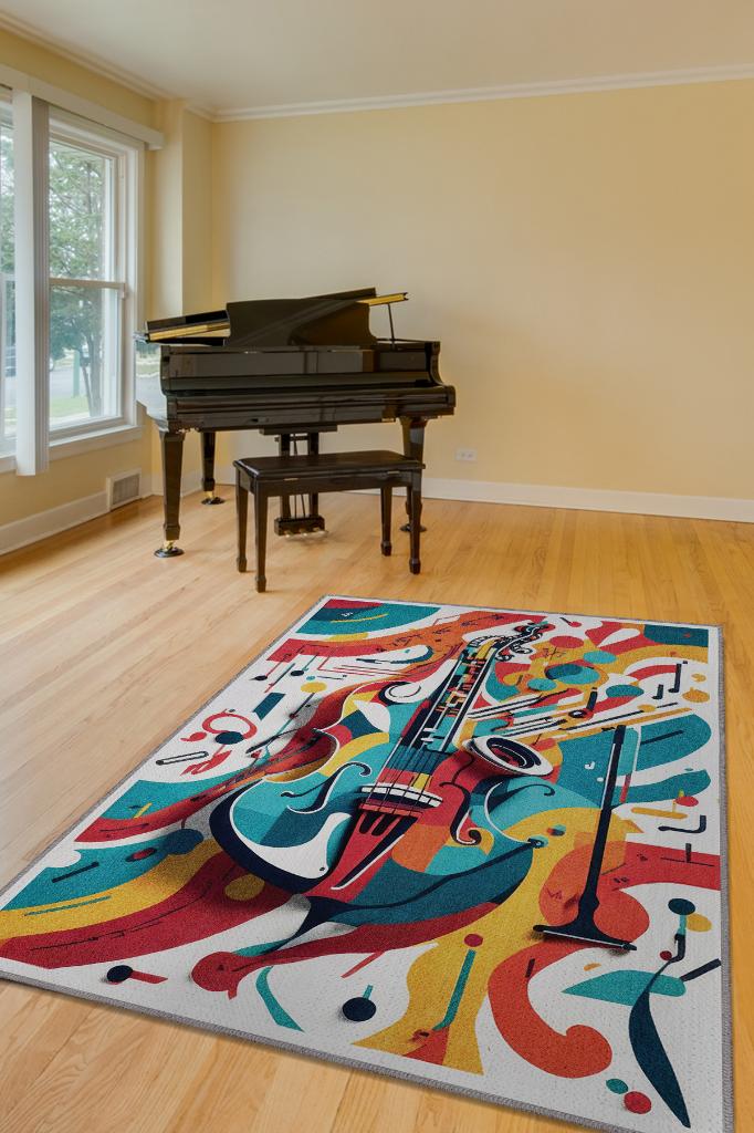 Renkli Gitar Halısı,Pop Art Müzik Halısı,Müzik Evi Halısı Tarz Genç Odası Halısı,Gitarist,Müzik Sever Halısı