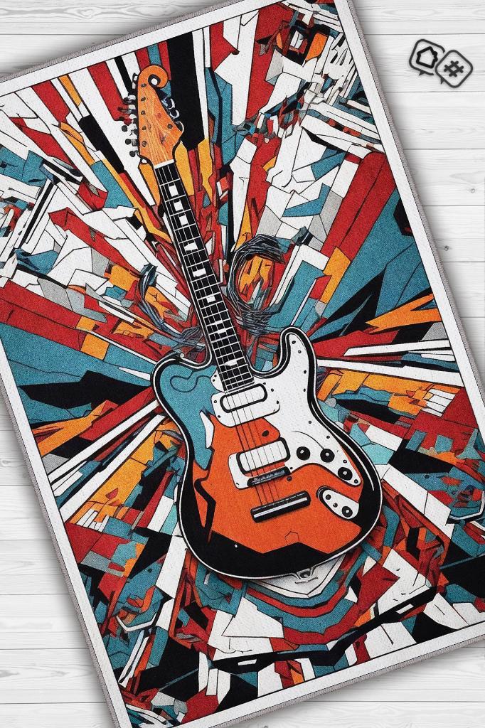Renkli Gitar Halısı,Pop Art Müzik Halısı,Rock Müzik Halısı Elektro Gitar Figürlü Renkli Modern Halı,Müzik Halı