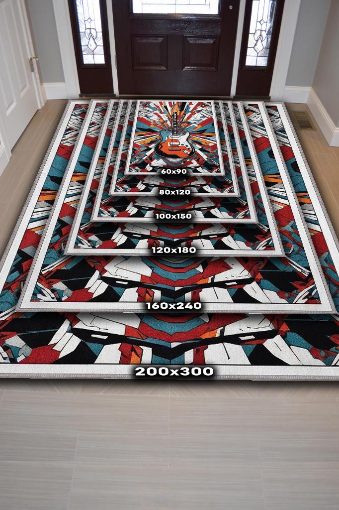 Renkli Gitar Halısı,Pop Art Müzik Halısı,Rock Müzik Halısı Elektro Gitar Figürlü Renkli Modern Halı,Müzik Halı