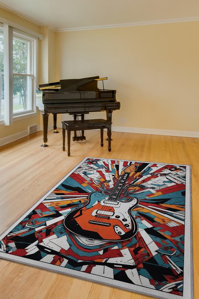 Renkli Gitar Halısı,Pop Art Müzik Halısı,Rock Müzik Halısı Elektro Gitar Figürlü Renkli Modern Halı,Müzik Halı