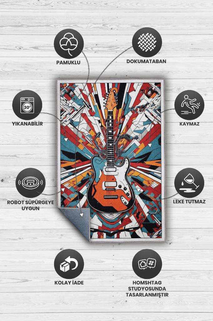 Renkli Gitar Halısı,Pop Art Müzik Halısı,Rock Müzik Halısı Elektro Gitar Figürlü Renkli Modern Halı,Müzik Halı