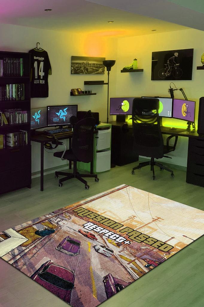 Respect Çok Renkli Oyuncu Halısı Bej Renk Gamer Temalı Halı Modern GTA Oyuncuya Hediye Halı
