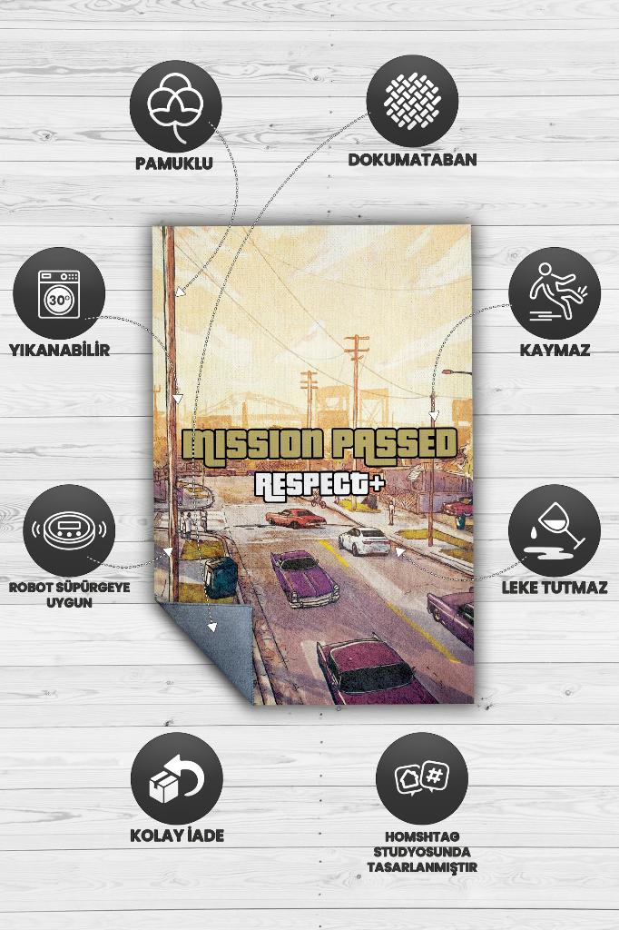 Respect Çok Renkli Oyuncu Halısı Bej Renk Gamer Temalı Halı Modern GTA Oyuncuya Hediye Halı