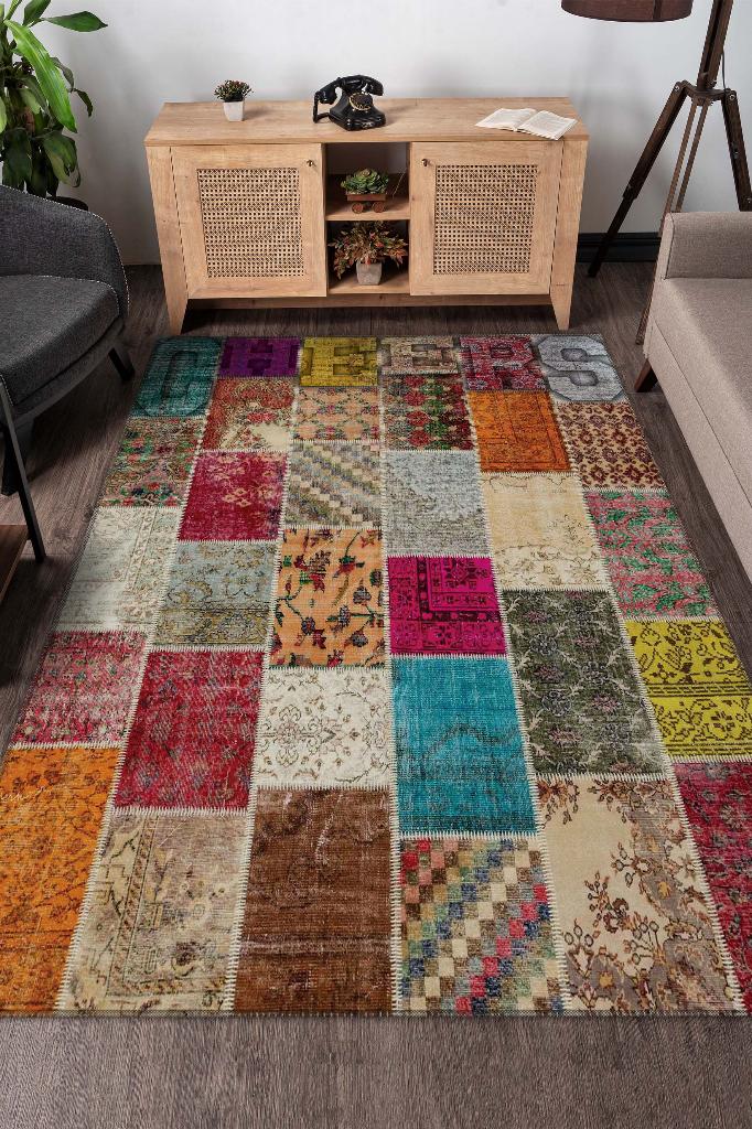 Sağlığına Çok Renkli Halı Geometrik Oturma Odası Halısı Modern Kare Desenli Patchwork Halı