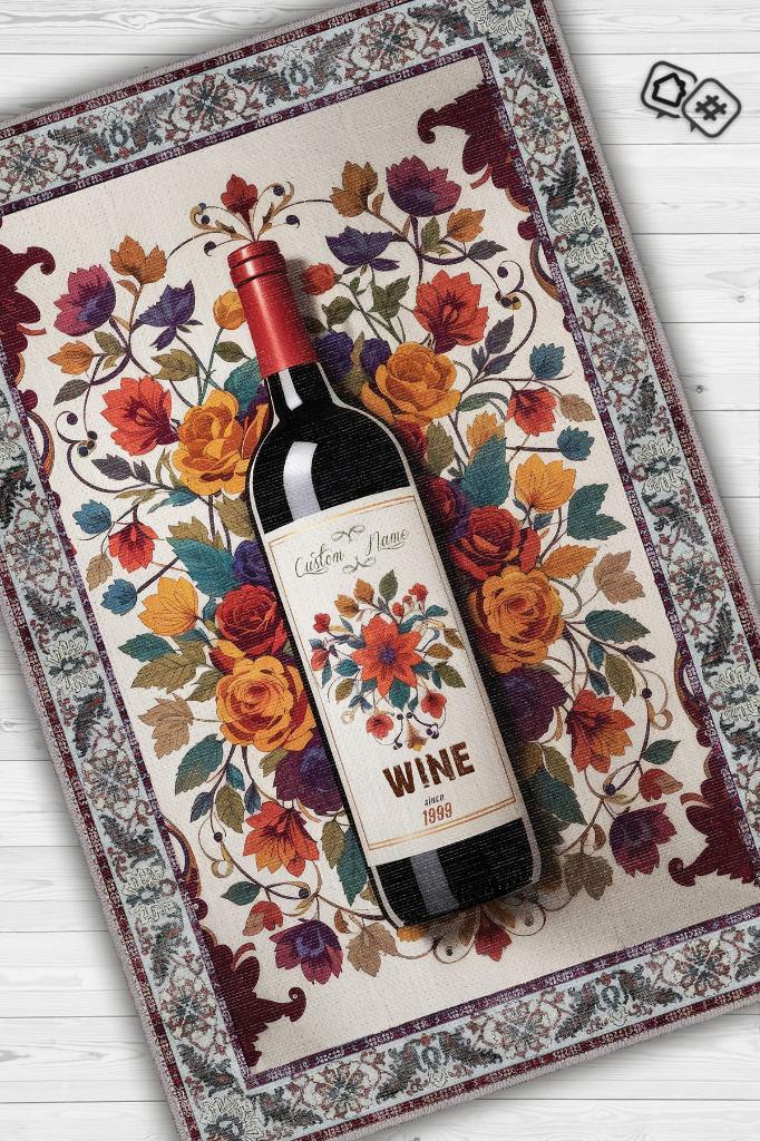 Şarap Temalı İsimli Kişiye Özel İsim Yazılabilen 14 Şubat Seviliye Özel Halı Çiçekli Halı