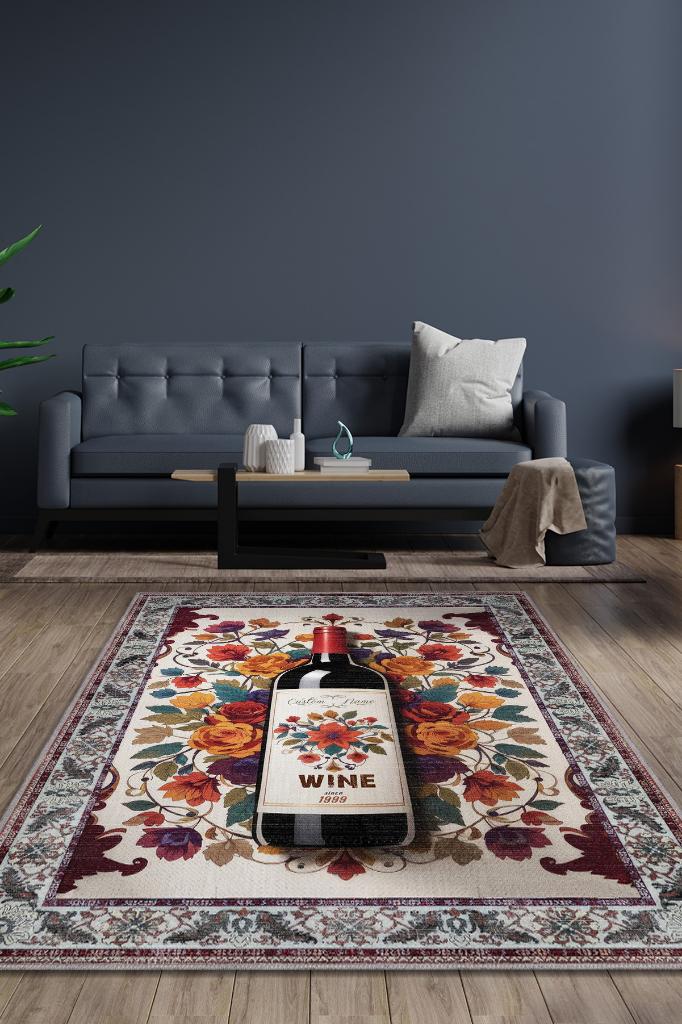 Şarap Temalı İsimli Kişiye Özel İsim Yazılabilen 14 Şubat Seviliye Özel Halı Çiçekli Halı