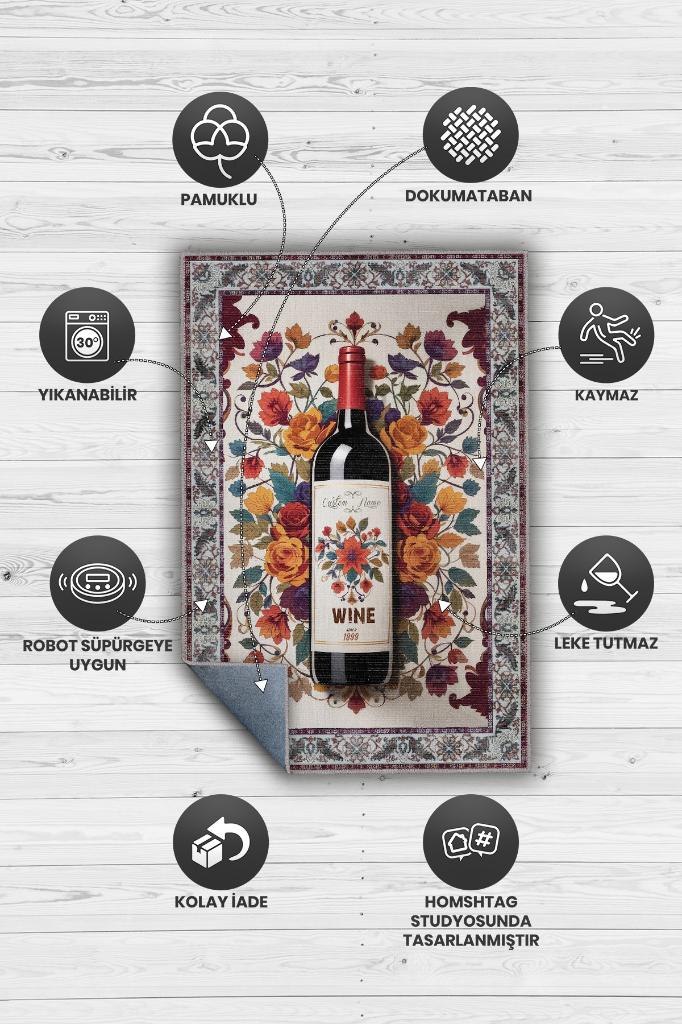 Şarap Temalı İsimli Kişiye Özel İsim Yazılabilen 14 Şubat Seviliye Özel Halı Çiçekli Halı