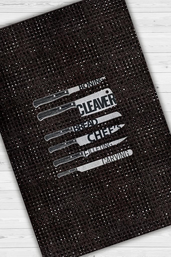 Şef Bıcakları Siyah Beyaz Halı Mutfak Temalı Halı Modern Mutfak Halısı Minimal Mutfak Halı